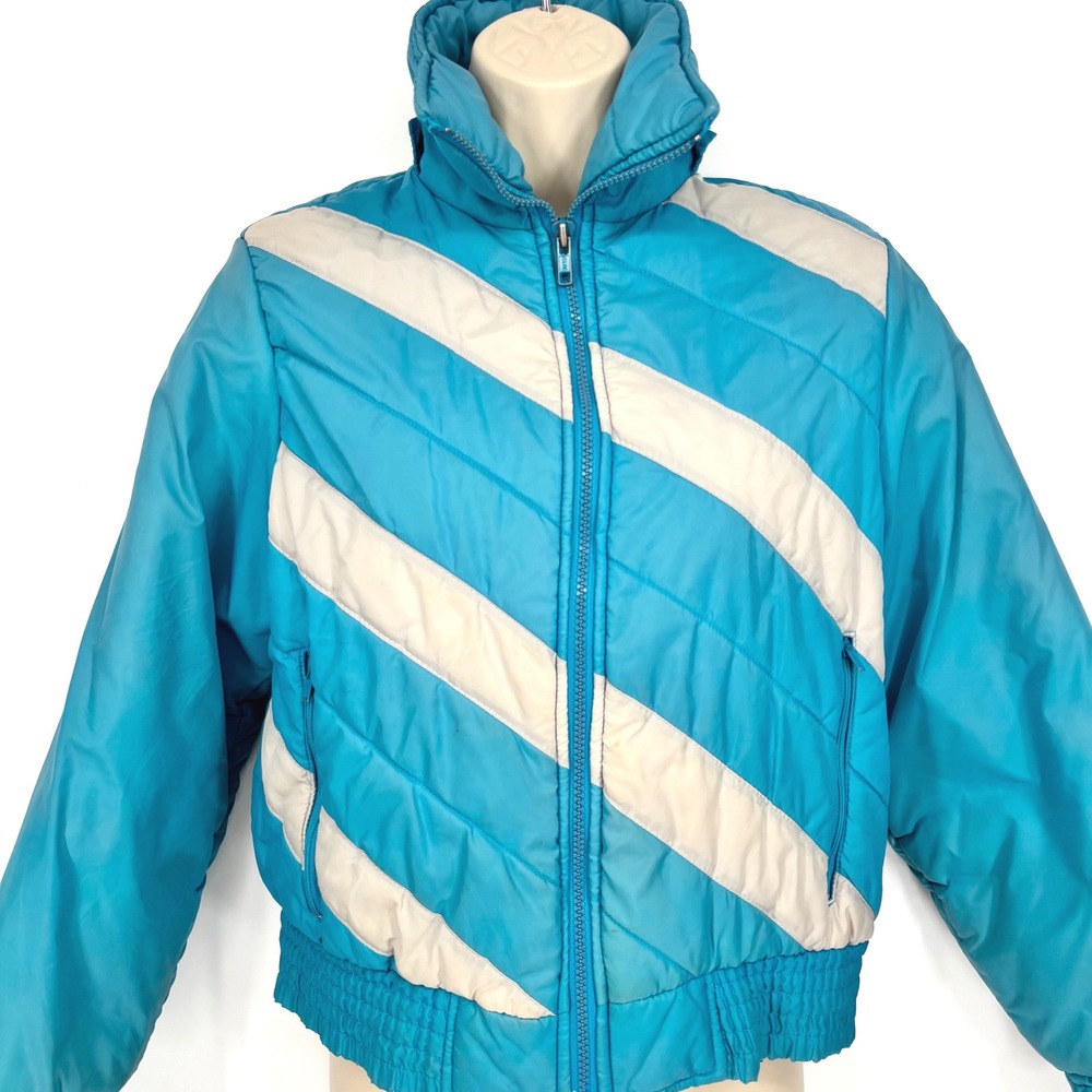 Vintage 90s Snow Jacket Just for You Blue White Diagonal Stripe Womens Sz M